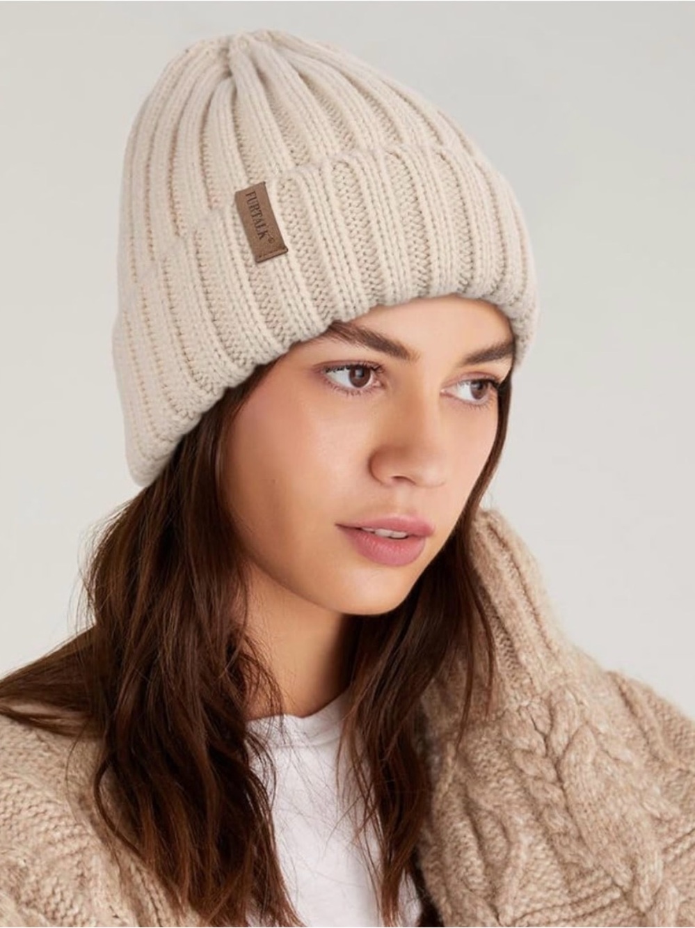 FURTALK Cream Ribbed Knit Cuffed Beanie Hat Like New